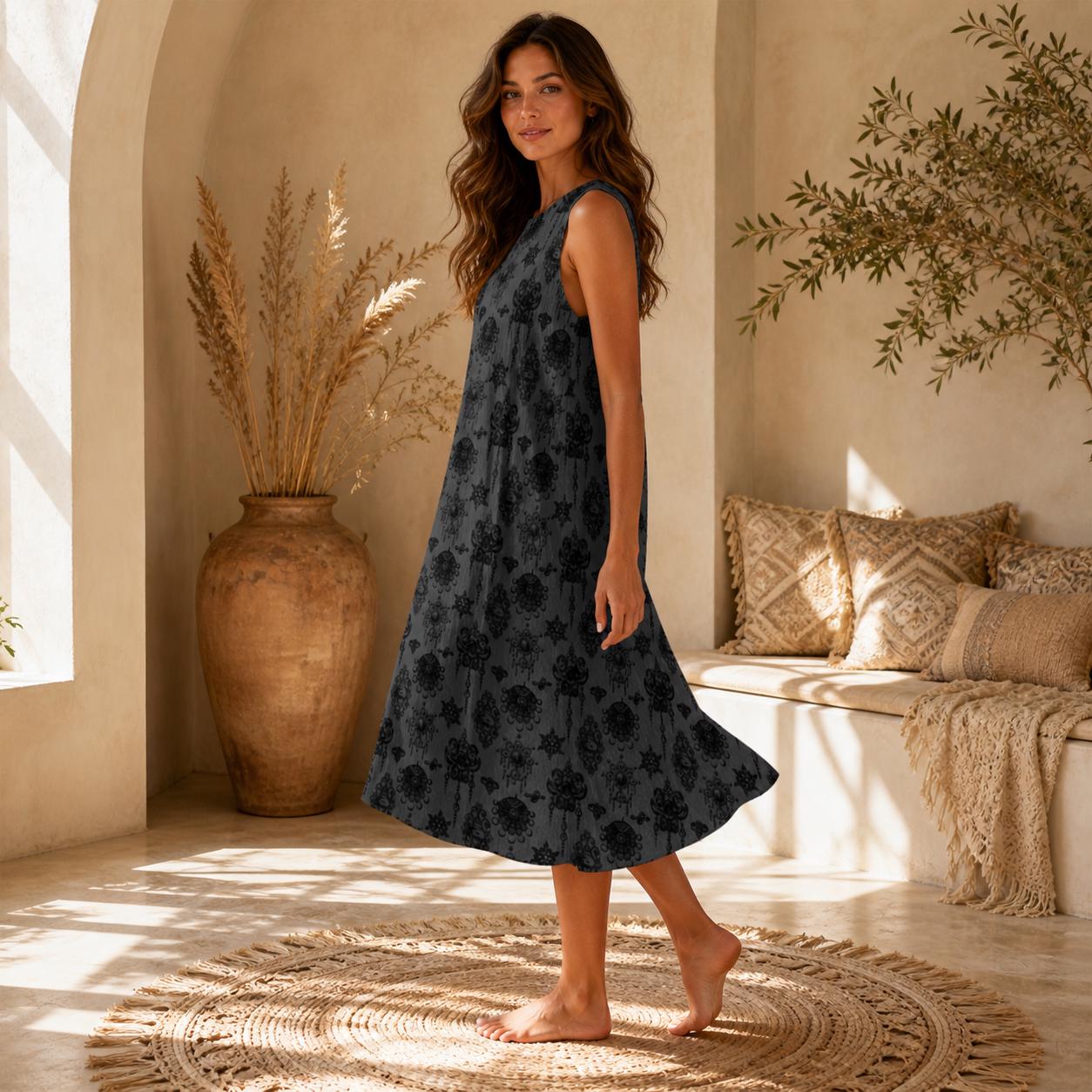 Charcoal Damask Midi Dress, Sleeveless Tiered Baroque Floral Sundress
