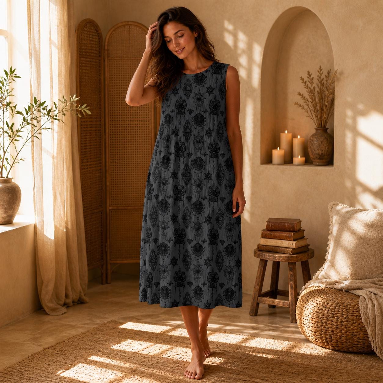Charcoal Damask Midi Dress, Sleeveless Tiered Baroque Floral Sundress