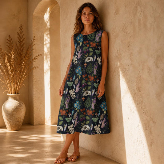 Dark Botanical Midi Dress, Woodland Animal Print, Sleeveless A-Line Cottagecore Style