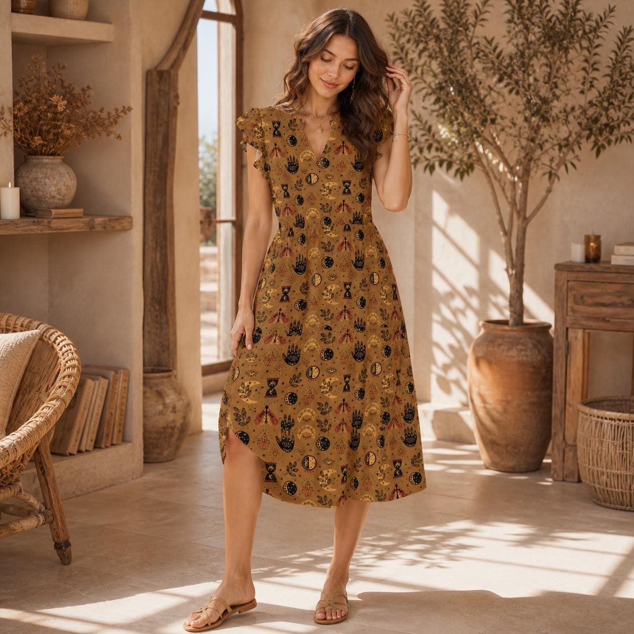Celestial Print Midi Dress, Moon Phases, Mystical Symbols, Boho Charm, V-Neck, Flowing Silhouette