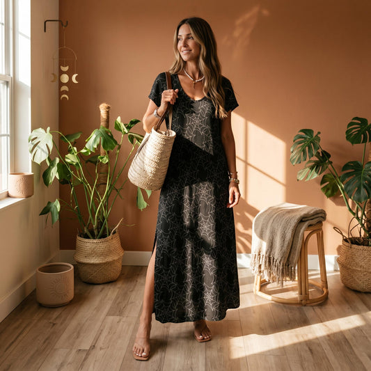 Spider Web Maxi Dress, Witchy Gothic Side Slit Long Dress