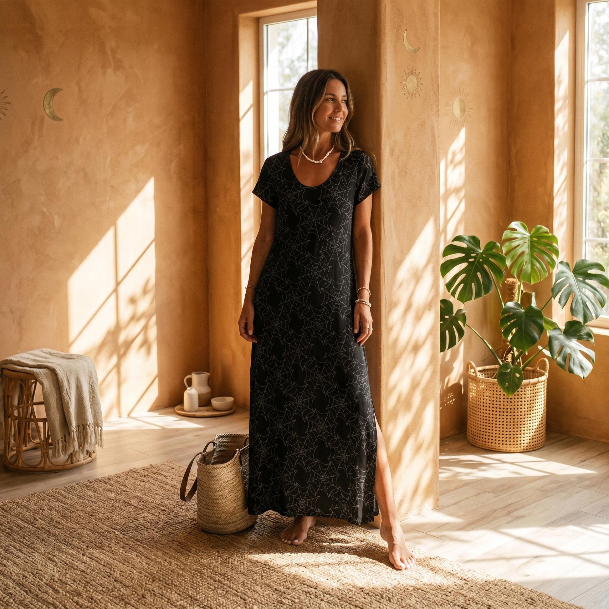 Spider Web Maxi Dress, Witchy Gothic Side Slit Long Dress