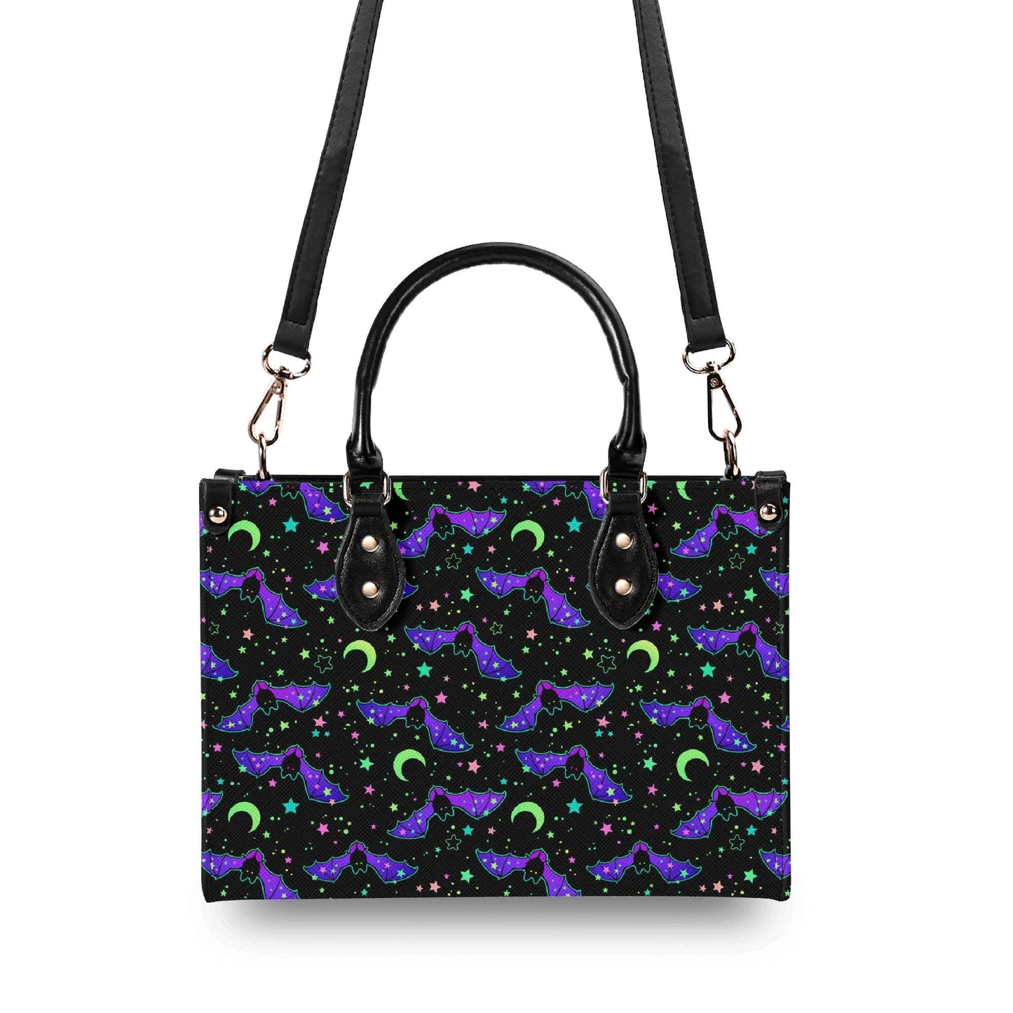 Bat Satchel Handbag for Women, Spooky Cute Purse with Purple Bats, Moon and Stars Shoulder Bag, Goth Halloween Top Handle Bag