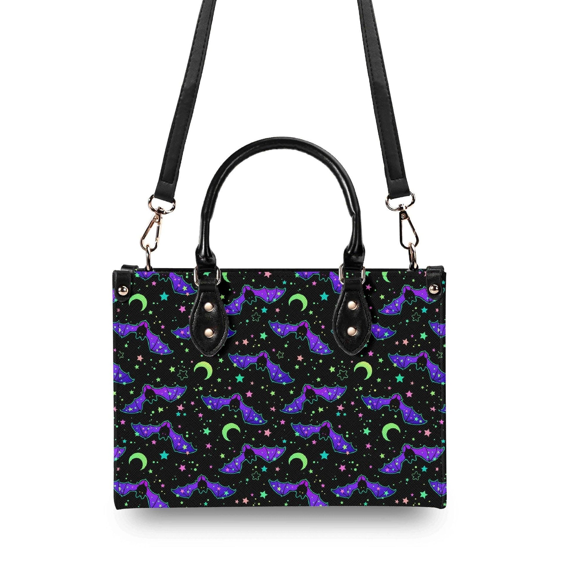 Bat Satchel Handbag for Women, Spooky Cute Purse with Purple Bats, Moon and Stars Shoulder Bag, Goth Halloween Top Handle Bag