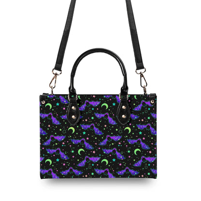 Bat Satchel Handbag for Women, Spooky Cute Purse with Purple Bats, Moon and Stars Shoulder Bag, Goth Halloween Top Handle Bag