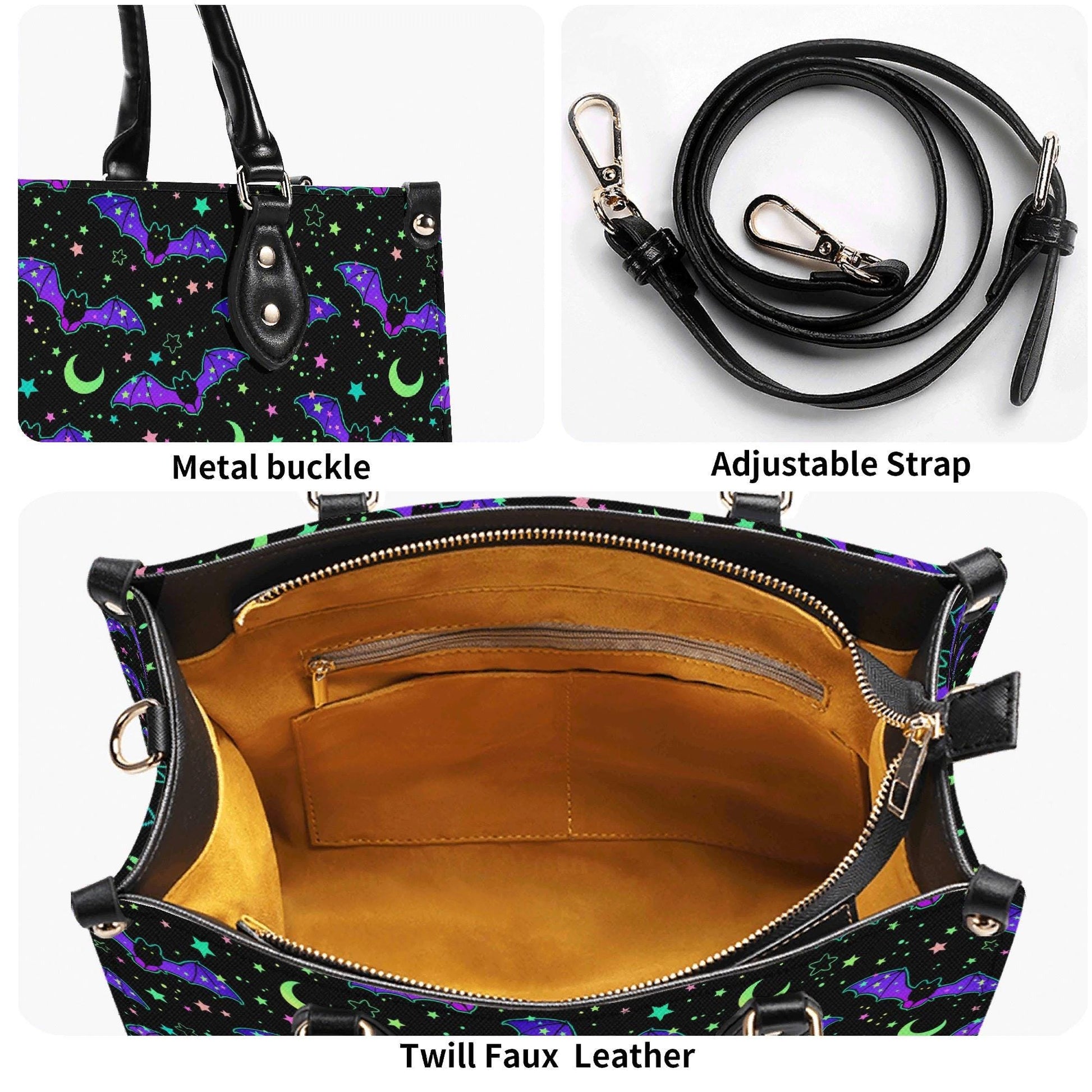 Bat Satchel Handbag for Women, Spooky Cute Purse with Purple Bats, Moon and Stars Shoulder Bag, Goth Halloween Top Handle Bag