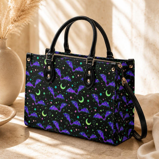 Bat Satchel Handbag for Women, Spooky Cute Purse with Purple Bats, Moon and Stars Shoulder Bag, Goth Halloween Top Handle Bag