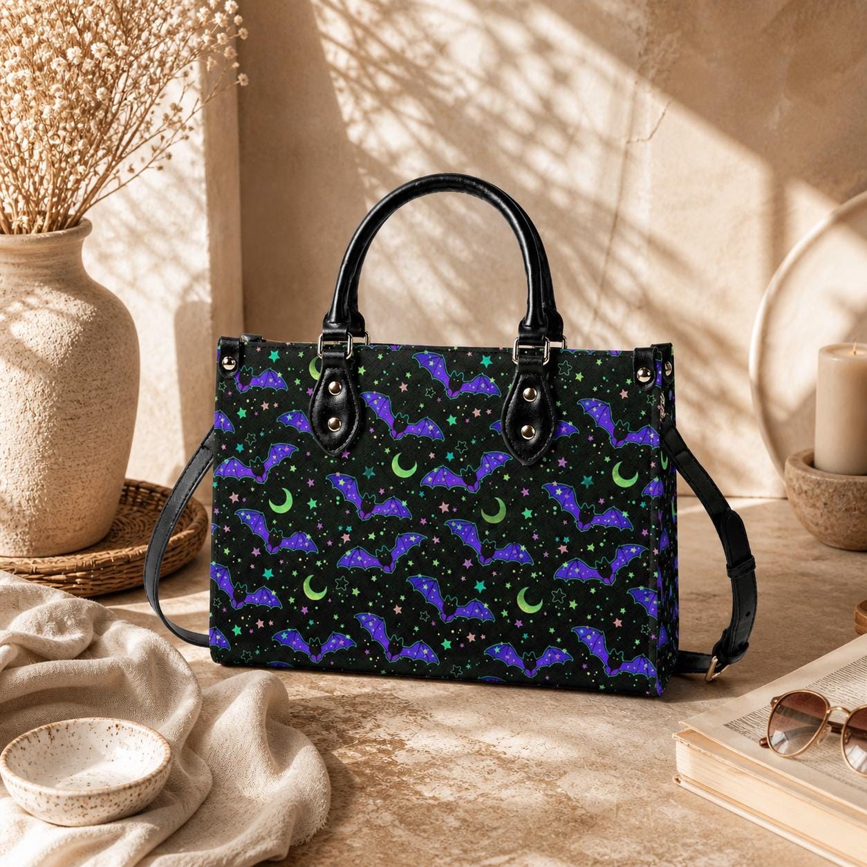 Bat Satchel Handbag for Women, Spooky Cute Purse with Purple Bats, Moon and Stars Shoulder Bag, Goth Halloween Top Handle Bag