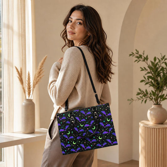 Bat Satchel Handbag for Women, Spooky Cute Purse with Purple Bats, Moon and Stars Shoulder Bag, Goth Halloween Top Handle Bag