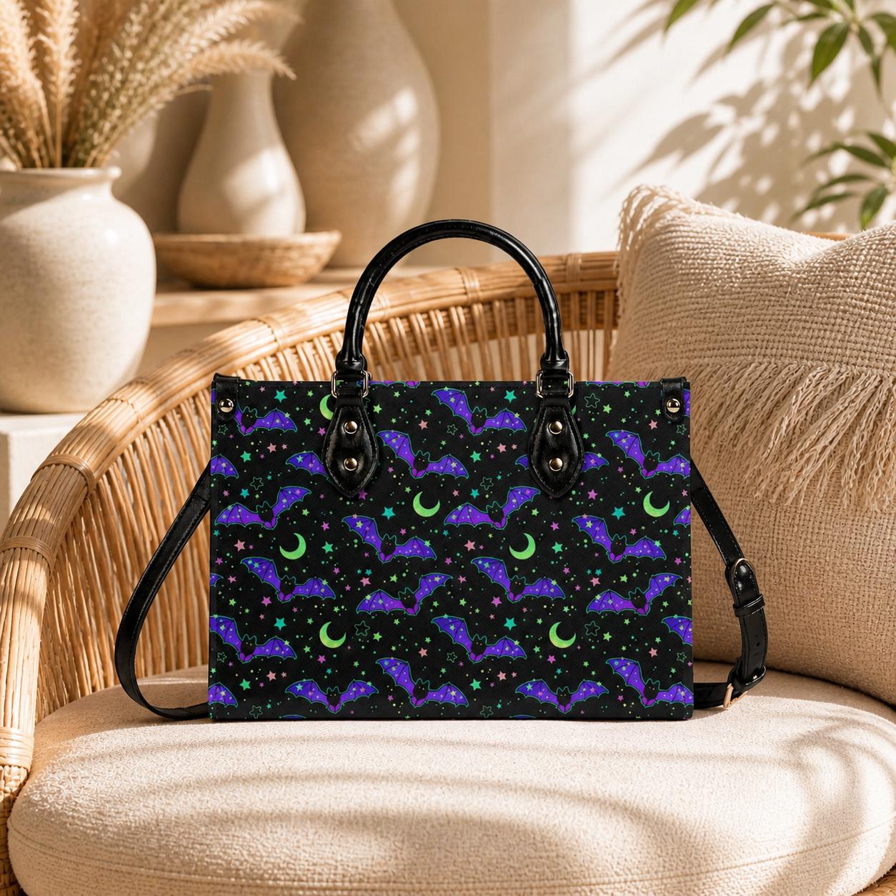 Bat Satchel Handbag for Women, Spooky Cute Purse with Purple Bats, Moon and Stars Shoulder Bag, Goth Halloween Top Handle Bag