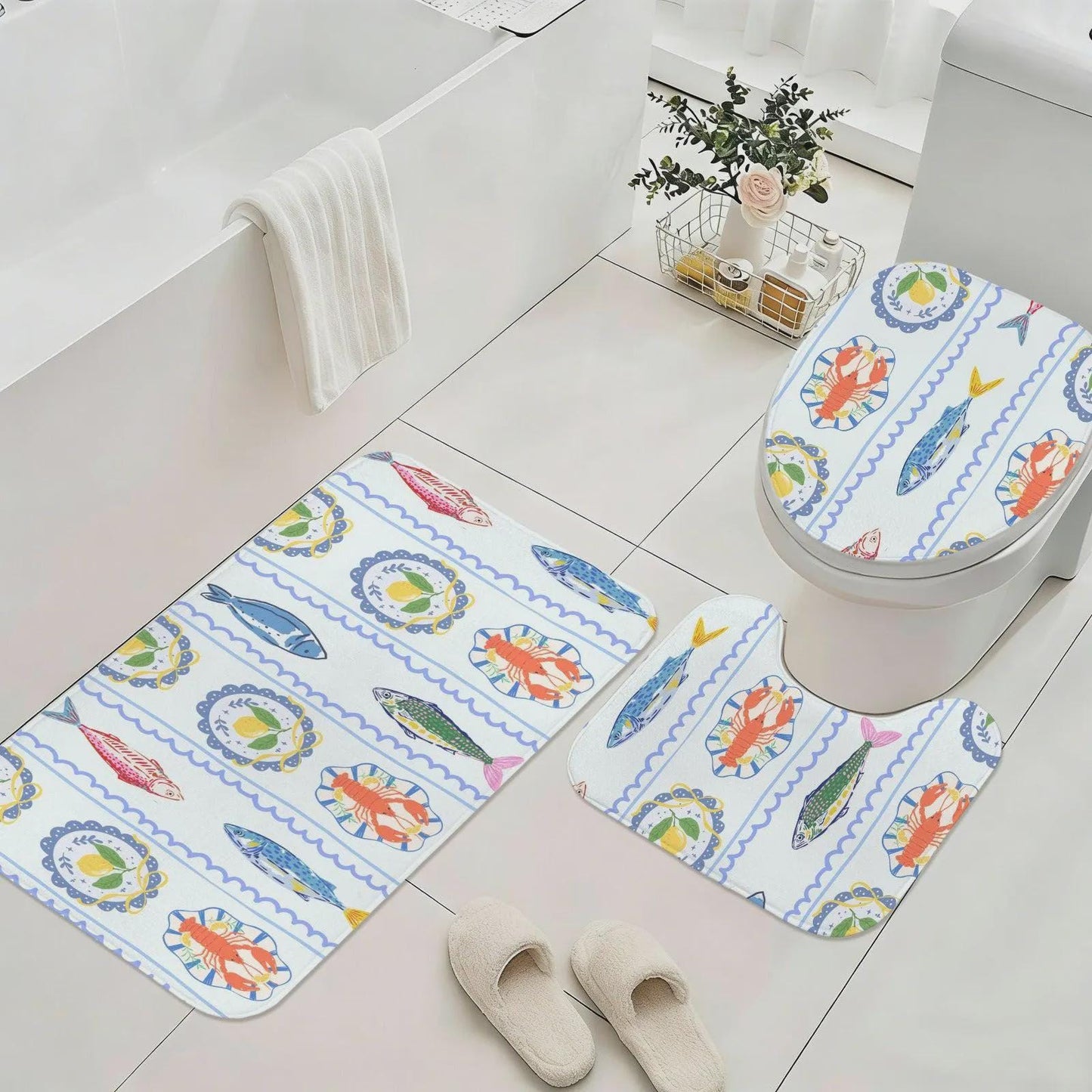 Lemon Lobster Shower Curtain, Italian Riviera Coastal Maximalist Bathroom Decor