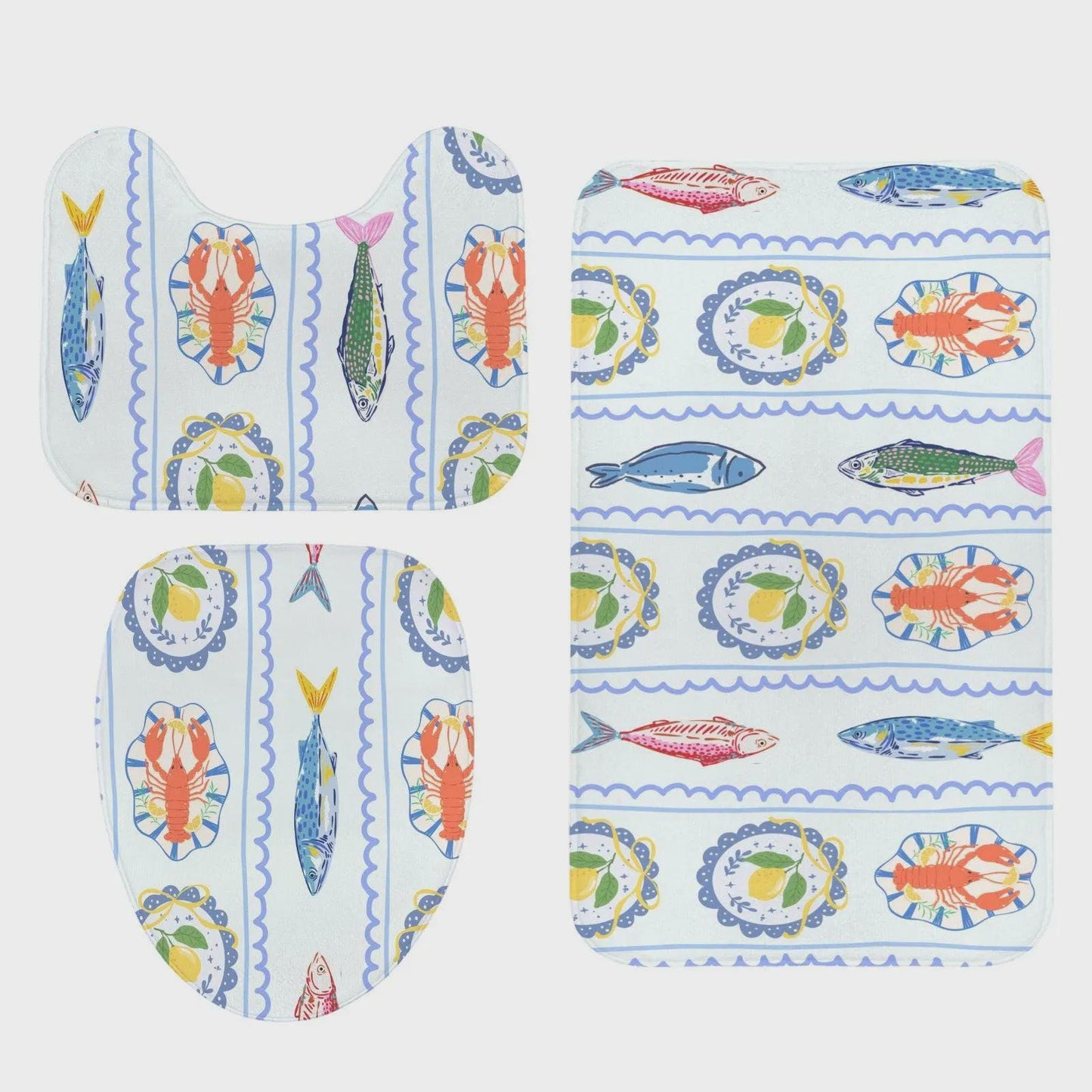 Lemon Lobster Shower Curtain, Italian Riviera Coastal Maximalist Bathroom Decor