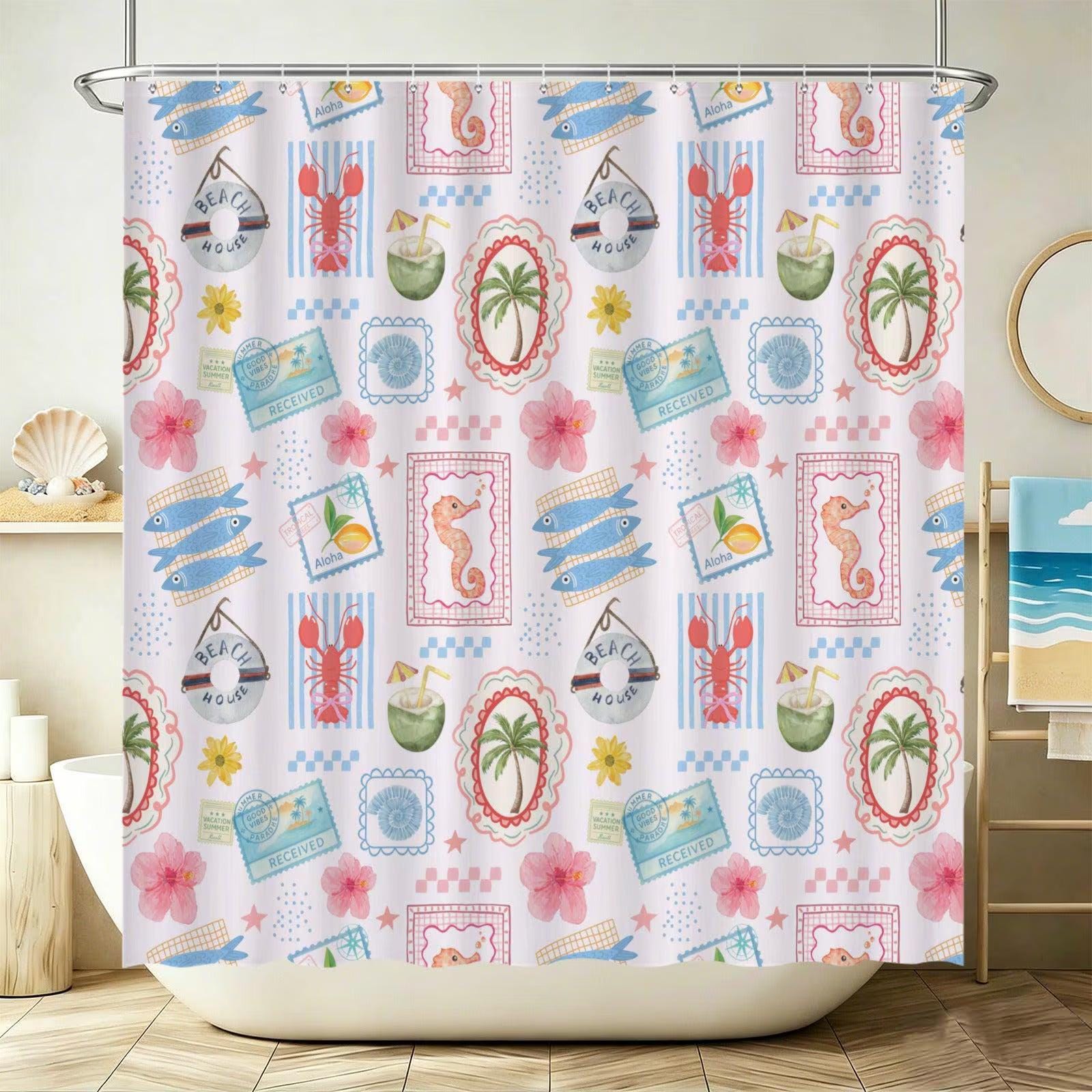 11Coastal Bathroom Rug Set, Tropical Beach Bath Mat and Toilet Cover, Seahorse Fish Print Restroom Decor, Vacation House Accent