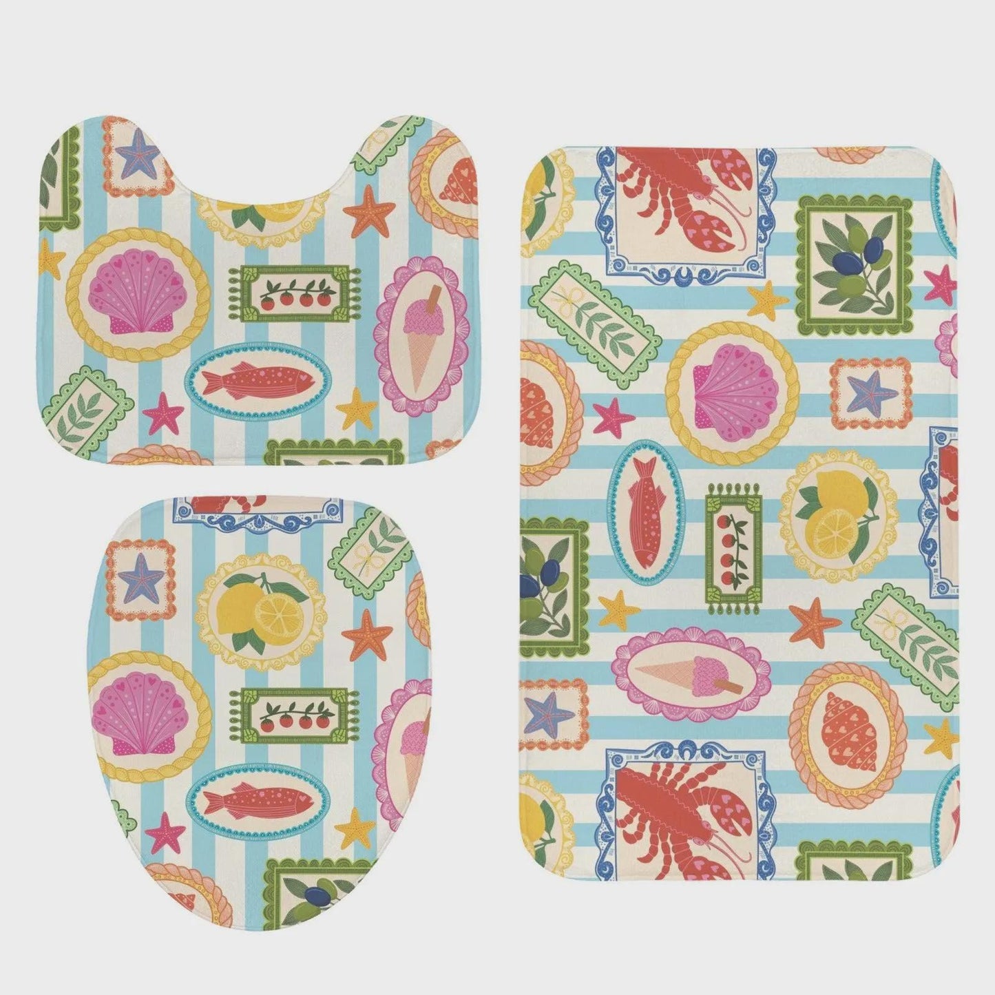 Italian Coastal Shower Curtain, Lobster Lemon Shell Mediterranean Tile Bath Decor