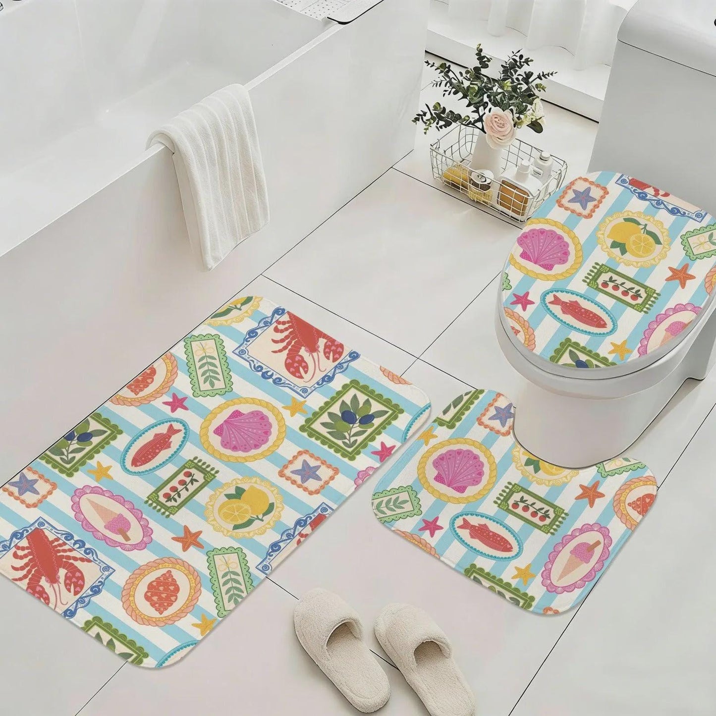 Italian Coastal Shower Curtain, Lobster Lemon Shell Mediterranean Tile Bath Decor