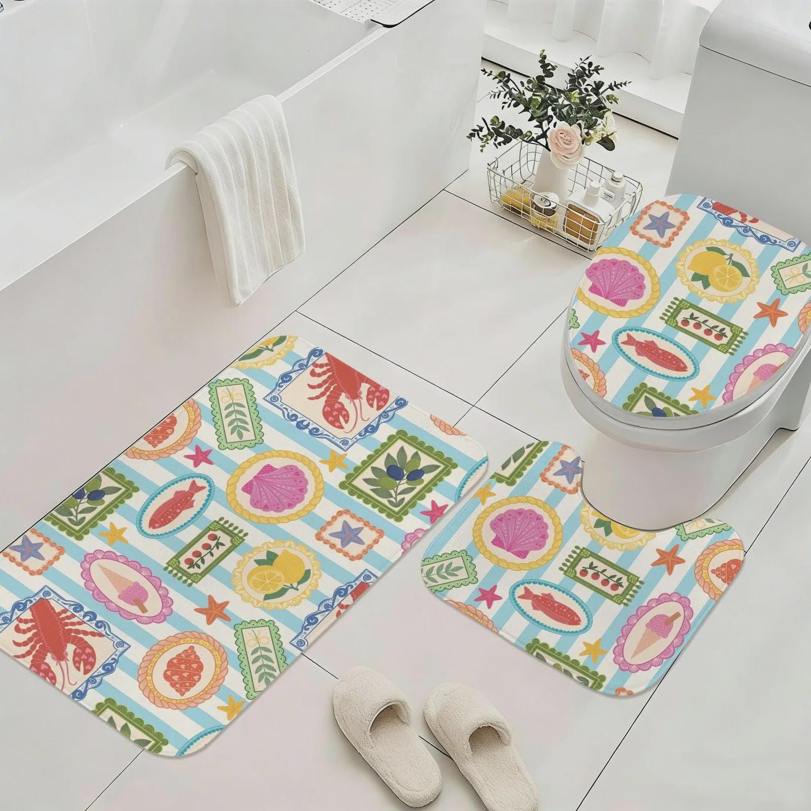 Italian Coastal Shower Curtain, Lobster Lemon Shell Mediterranean Tile Bath Decor
