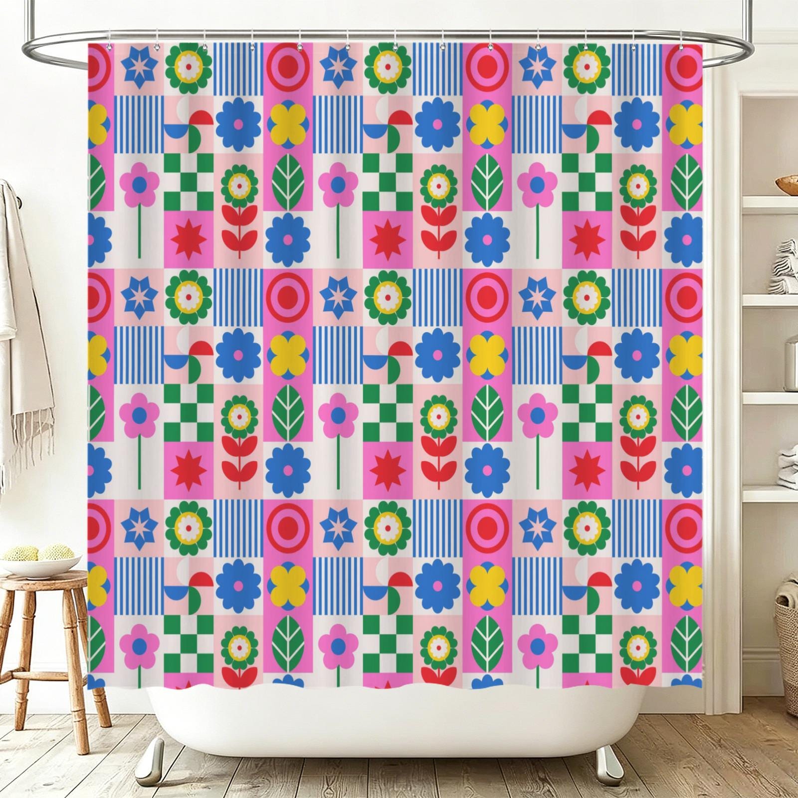 Retro flower shower curtain, dopamine overload bathroom decor, bold 70s pop art style, colorful maximalist home aesthetic, y2k gift ide