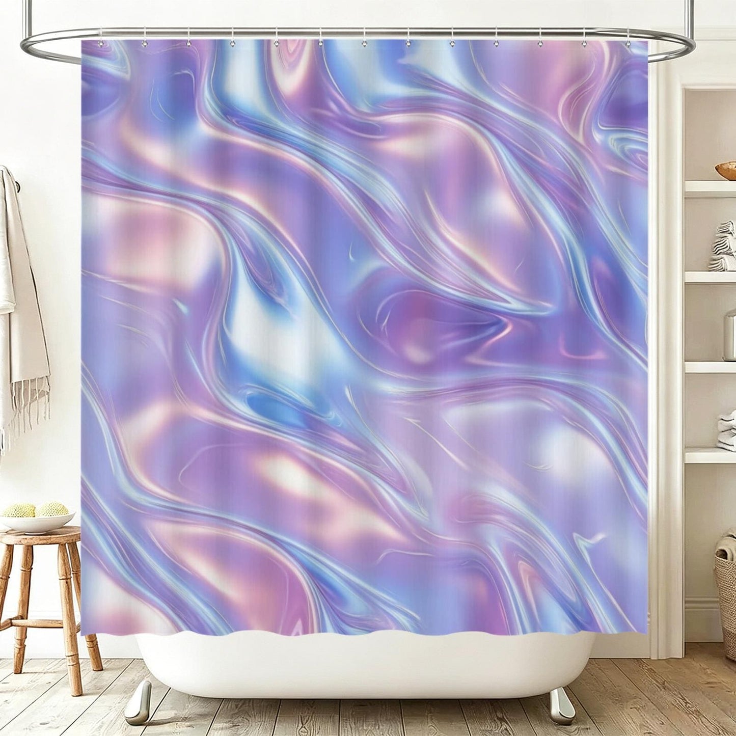 Holographic pastel shower curtain, dopamine soft girl bathroom decor, dreamy rainbow swirl print, y2k aesthetic bath upgrade, gift idea