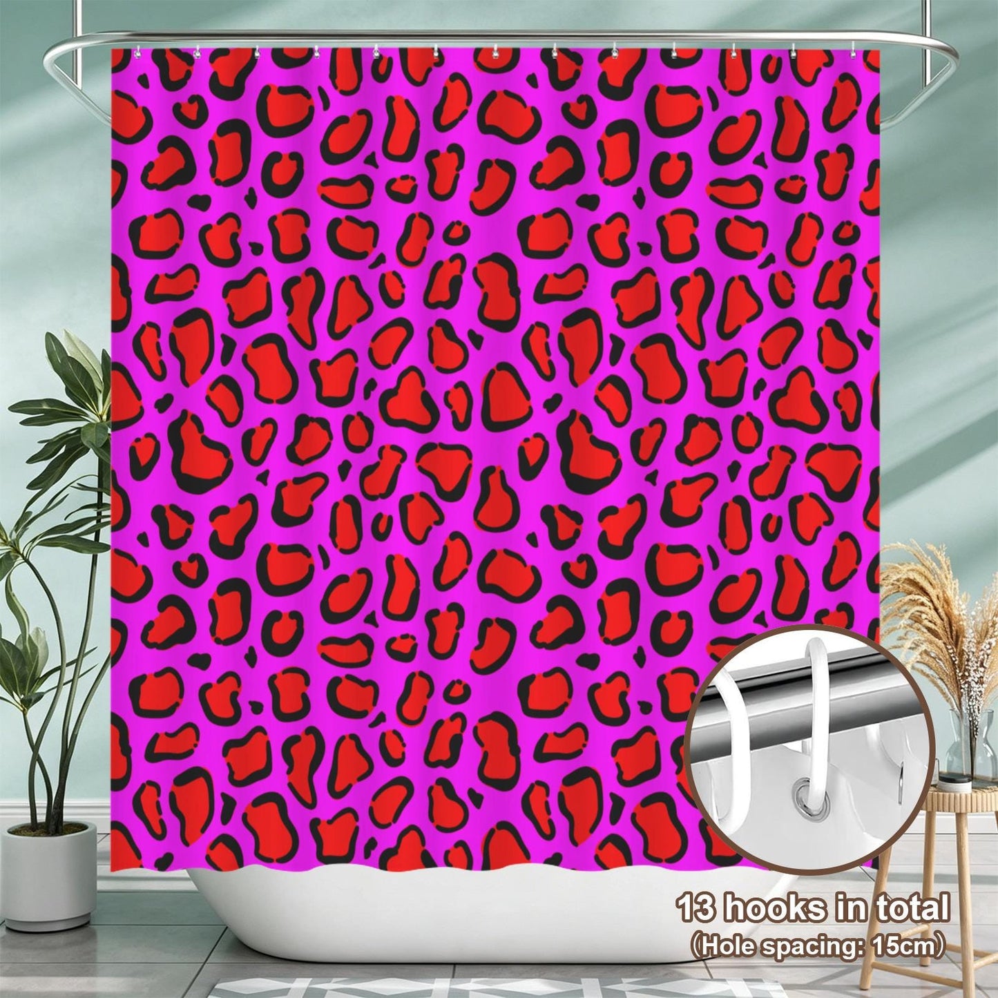 Hot pink leopard shower curtain, dopamine wild bathroom decor, bold animal print baddie aesthetic, y2k maximalist alt bath style, gift idea