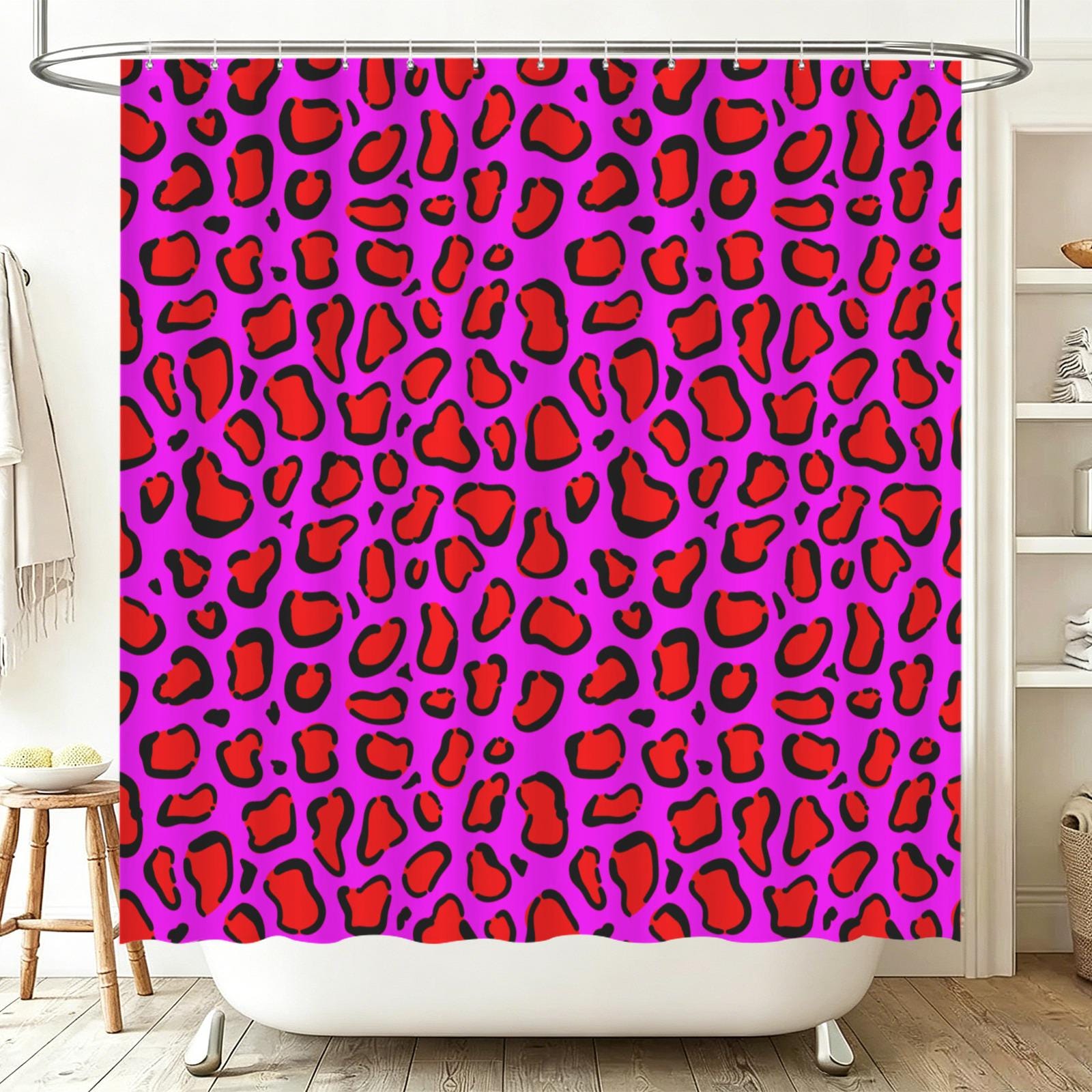 Hot pink leopard shower curtain, dopamine wild bathroom decor, bold animal print baddie aesthetic, y2k maximalist alt bath style, gift idea