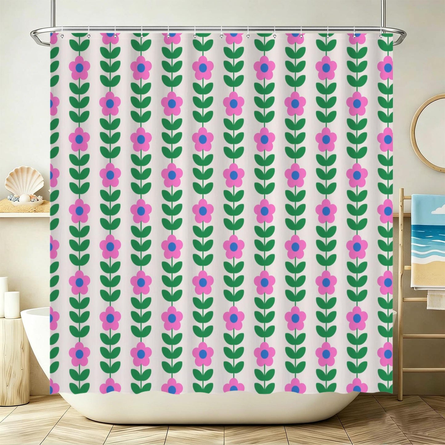 Retro flower shower curtain, bold pink green floral print decor, dopamine vintage aesthetic bath style, colorful girly home update, gift
