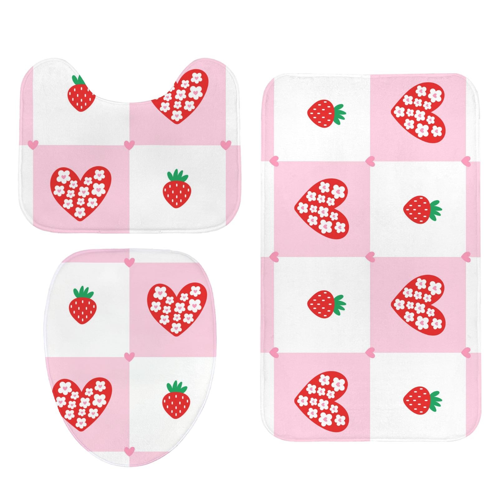 Strawberry Shower Curtain, Pink Check Bathroom Curtain, Coquette Heart Bath Decor
