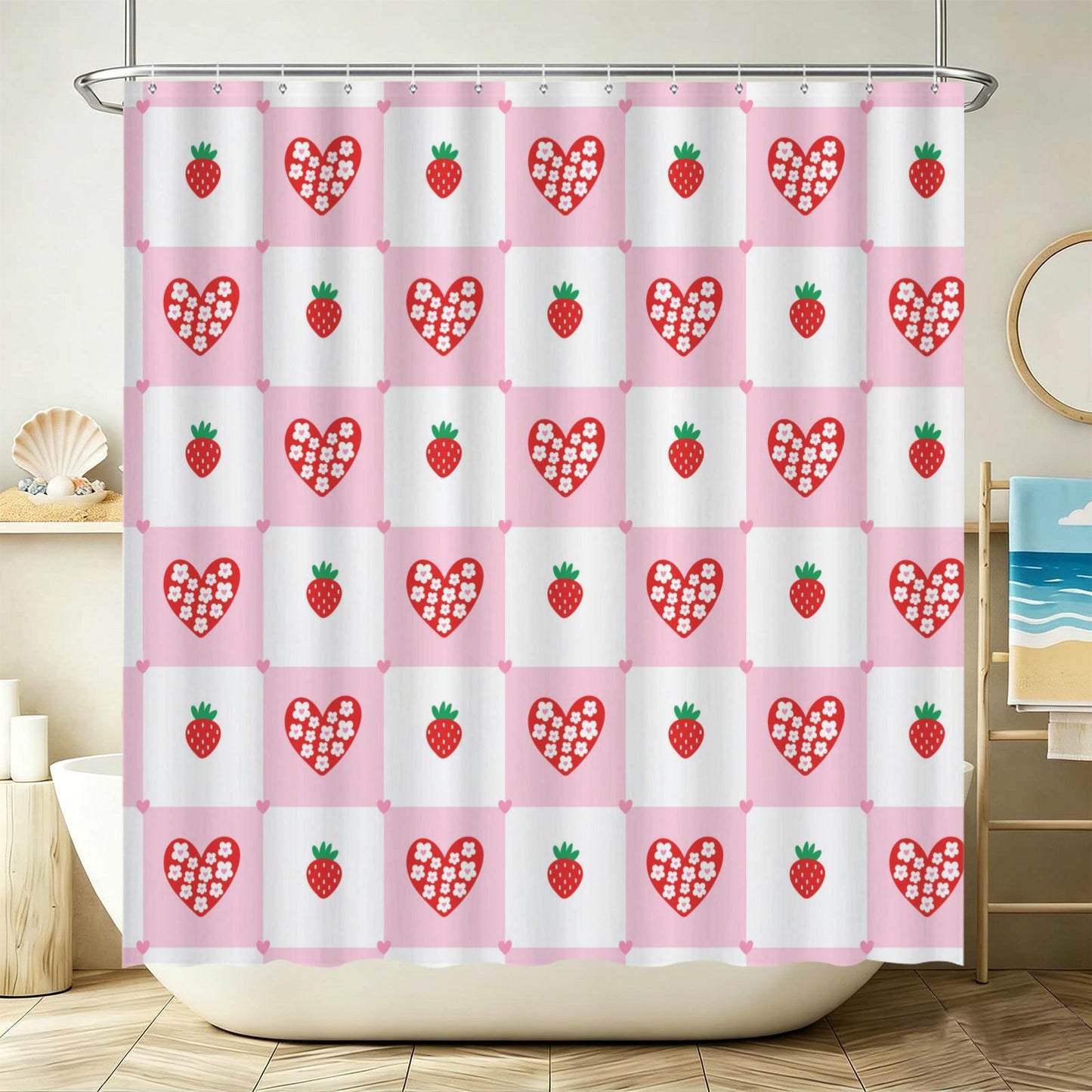 Strawberry Shower Curtain, Pink Check Bathroom Curtain, Coquette Heart Bath Decor
