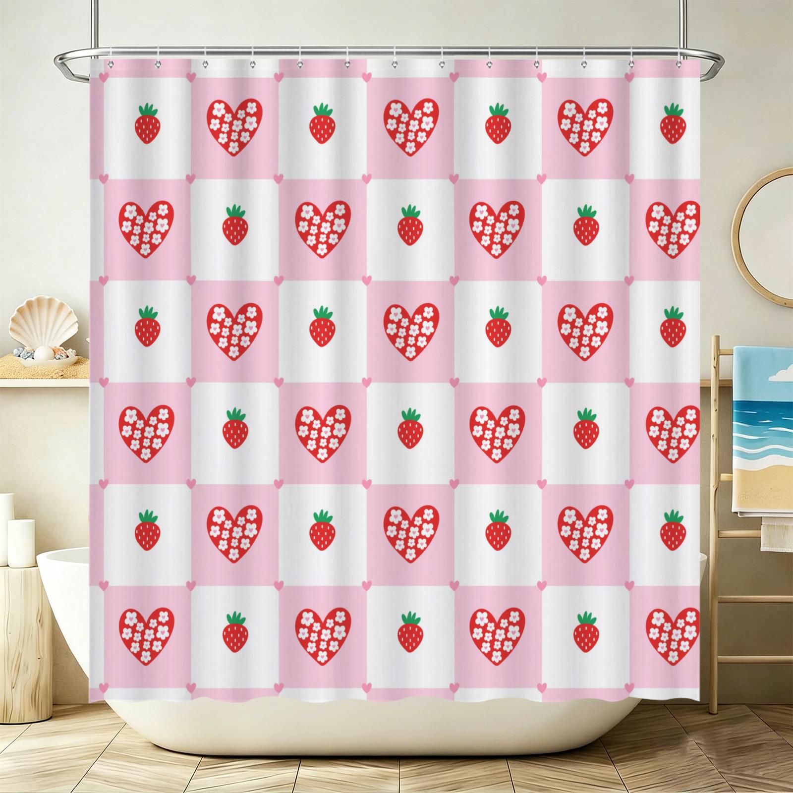 Strawberry Shower Curtain, Pink Check Bathroom Curtain, Coquette Heart Bath Decor