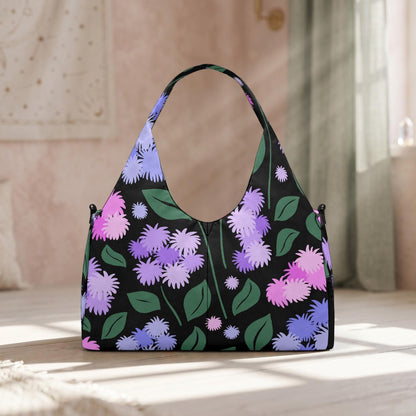 Purple Floral Hobo Bag, Botanical Canvas Shoulder Purse, Cottagecore Everyday Style