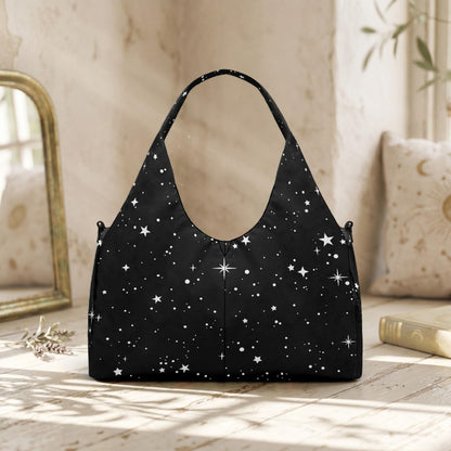 Celestial Hobo Bag, Black Star Print Shoulder Handbag, Cosmic Style Purse