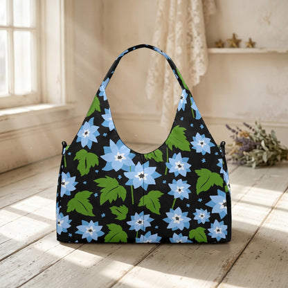 Blue Floral Hobo Shoulder Bag, Botanical Leaf Print Canvas Purse