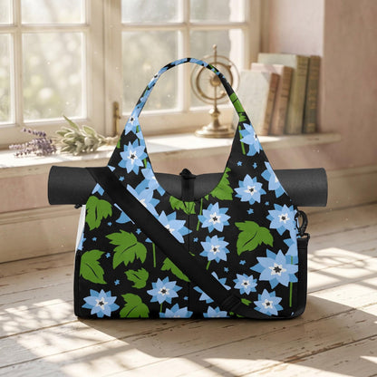 Blue Floral Hobo Shoulder Bag, Botanical Leaf Print Canvas Purse
