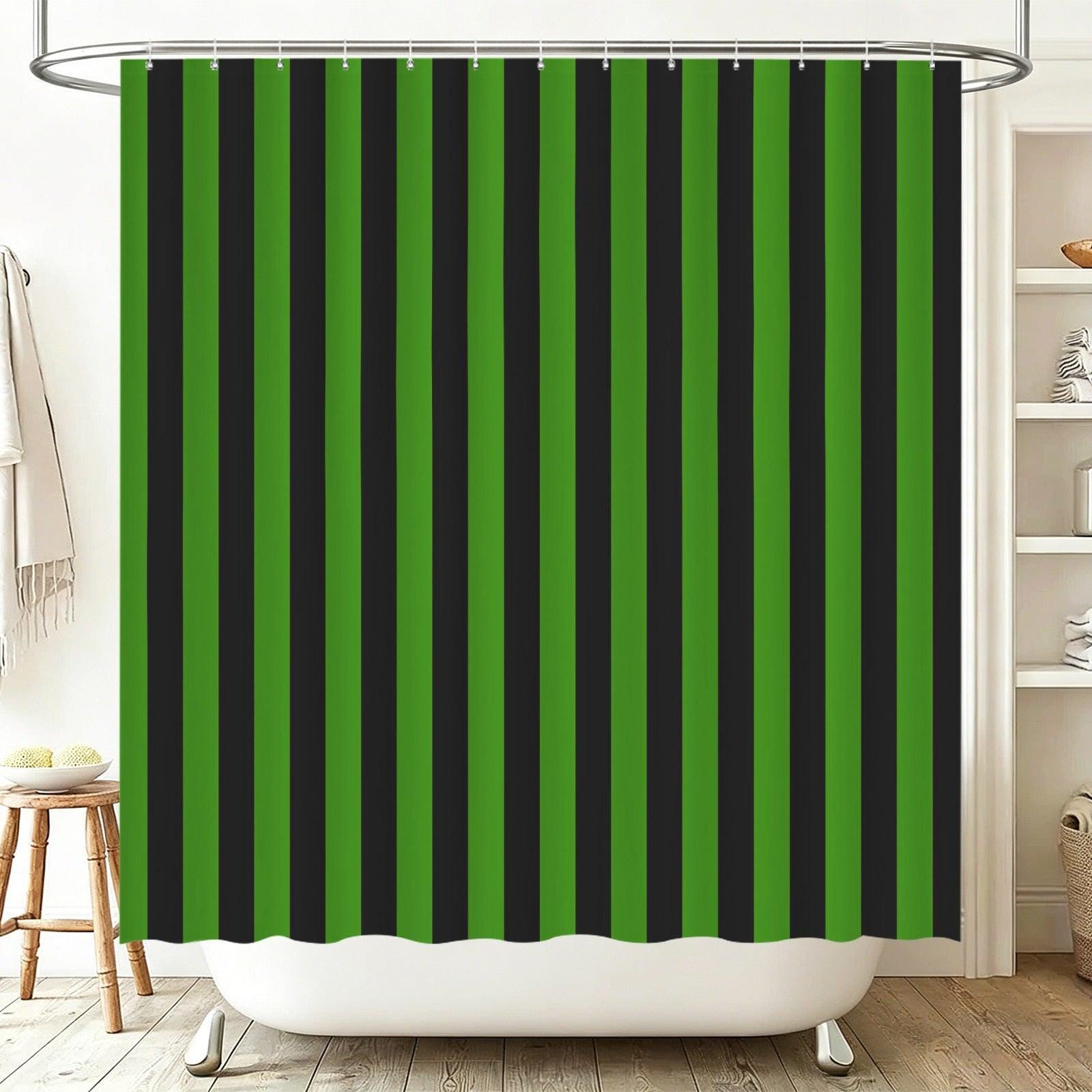 Green Black Striped Shower Curtain, Bold Vertical Stripe Bathroom Decor, Spooky Halloween Curtain