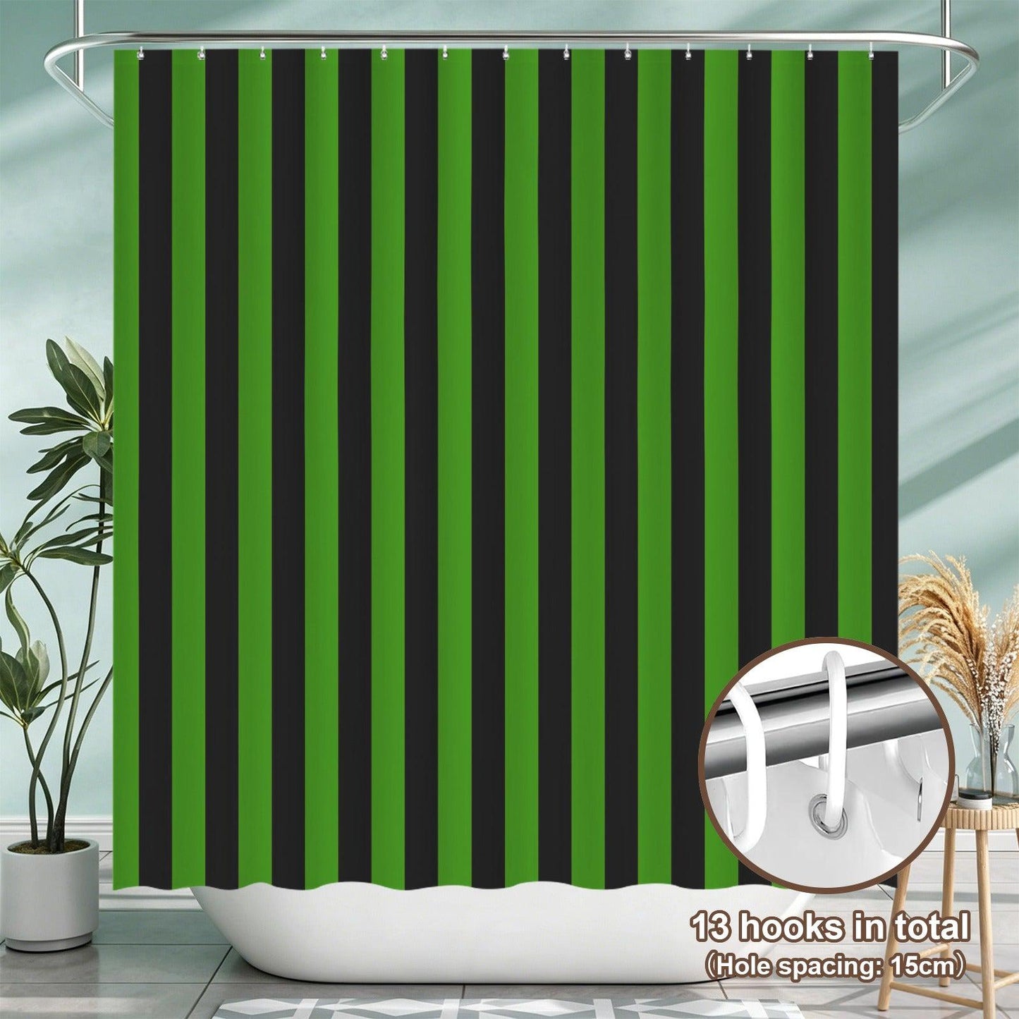 Green Black Striped Shower Curtain, Bold Vertical Stripe Bathroom Decor, Spooky Halloween Curtain