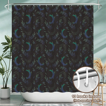 Celestial Shower Curtain, Moody Crescent Moon Botanical Bathroom Decor