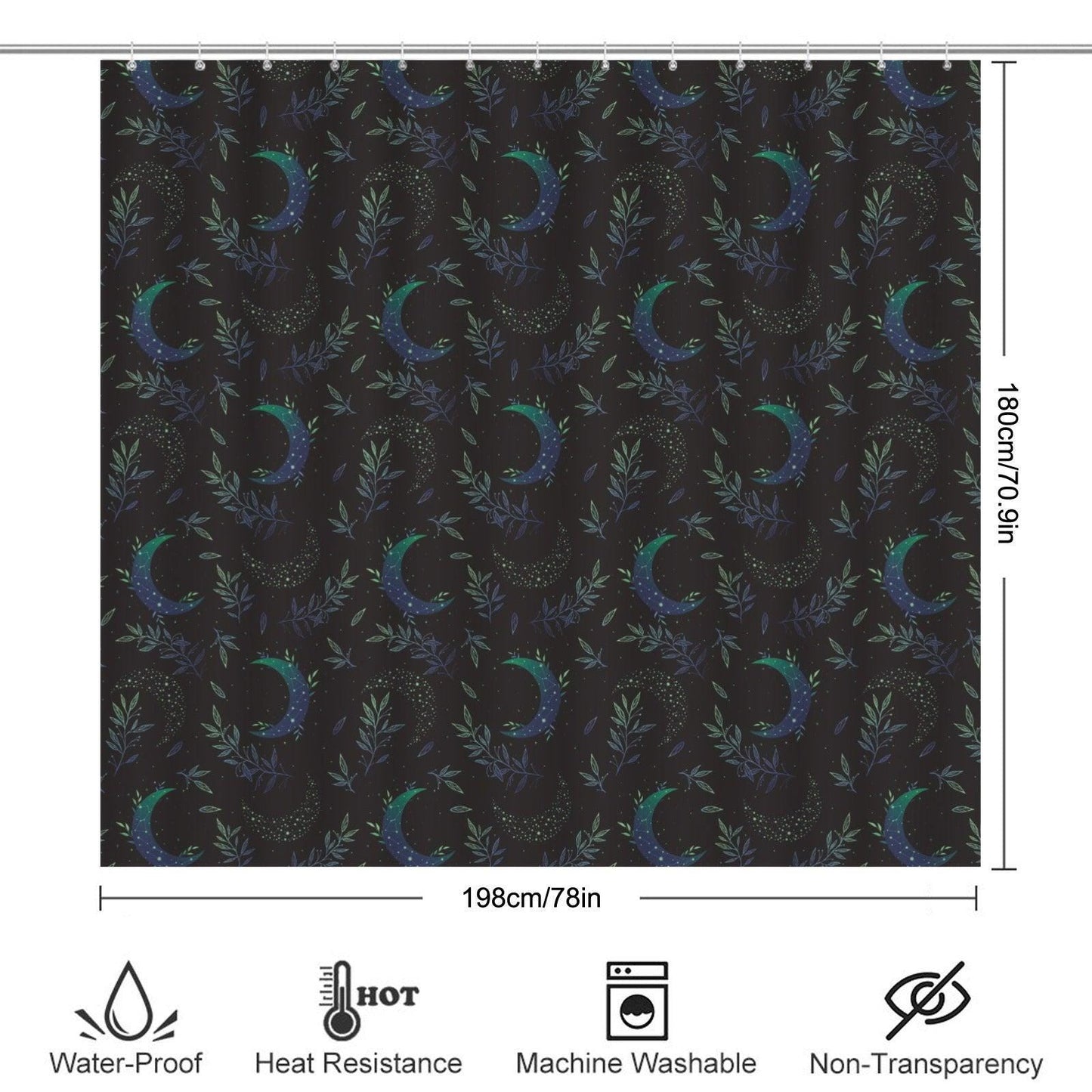 Celestial Shower Curtain, Moody Crescent Moon Botanical Bathroom Decor