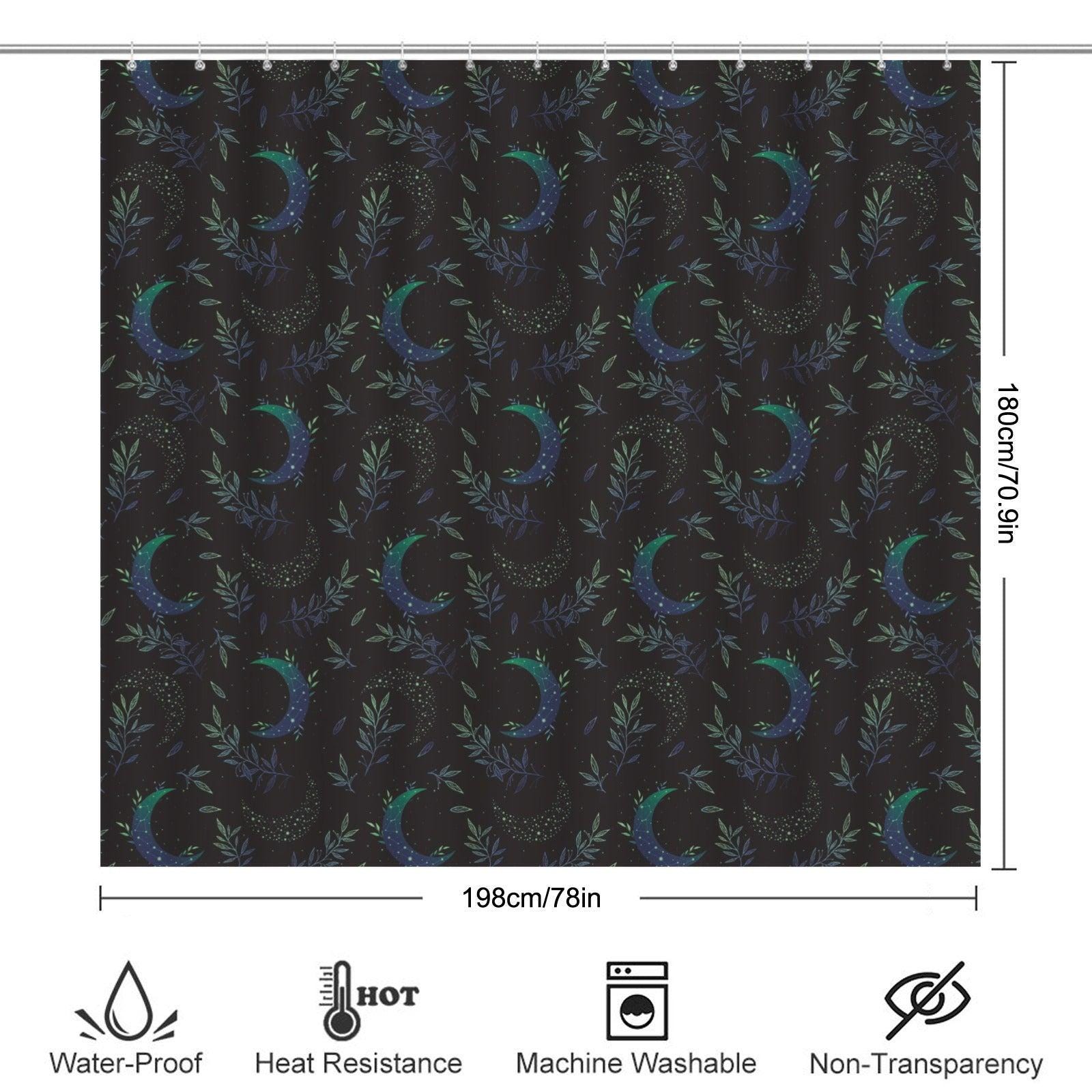 Celestial Shower Curtain, Moody Crescent Moon Botanical Bathroom Decor