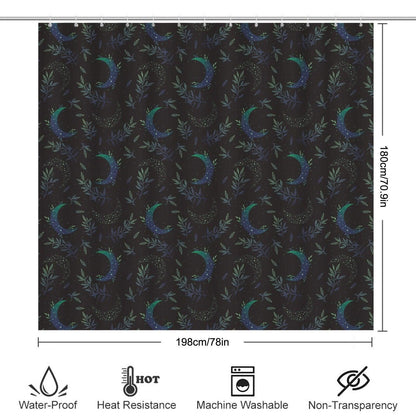 Celestial Shower Curtain, Moody Crescent Moon Botanical Bathroom Decor
