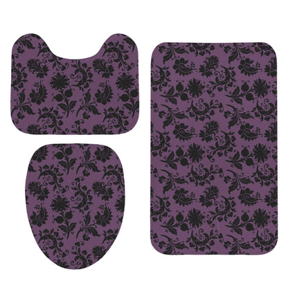 Purple Damask Bathroom Rug Set, Gothic Floral 3-Piece Bath Mat, Moody Victorian Decor