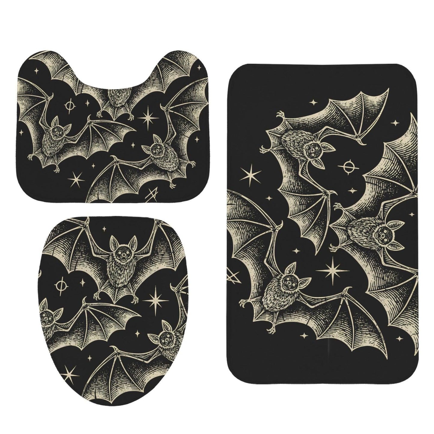 Celestial Bat Bathroom Rug Set, Gothic Halloween 3-Piece Bath Mat