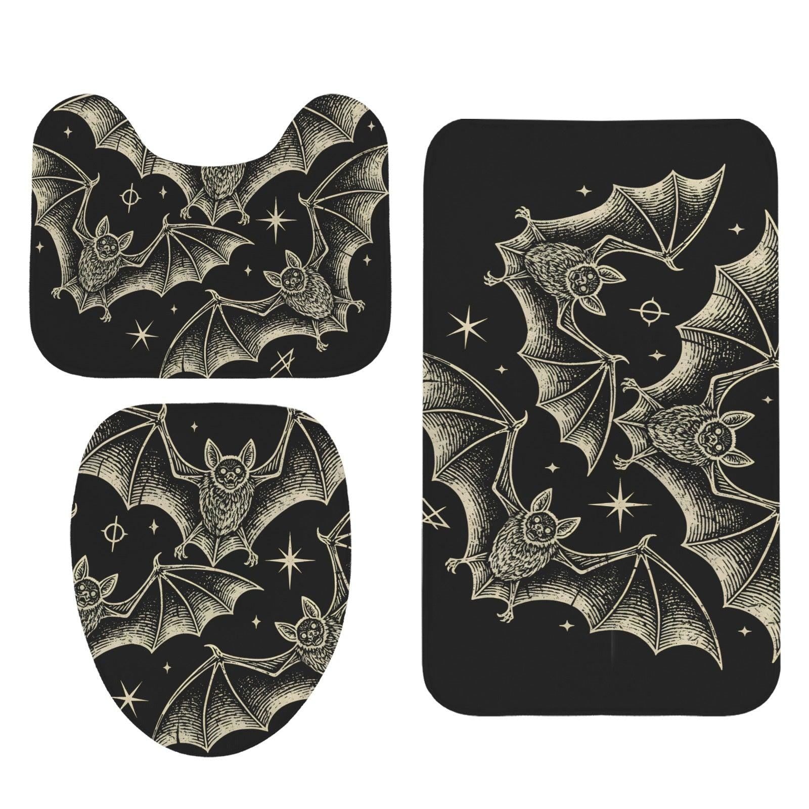 Celestial Bat Bathroom Rug Set, Gothic Halloween 3-Piece Bath Mat