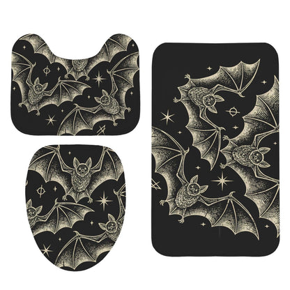 Celestial Bat Bathroom Rug Set, Gothic Halloween 3-Piece Bath Mat