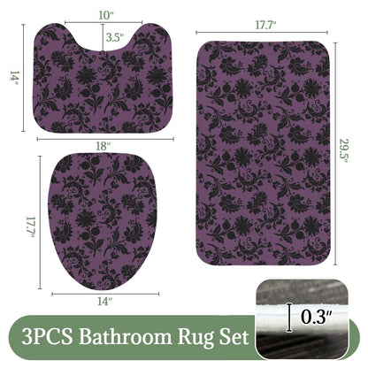 Purple Damask Bathroom Rug Set, Gothic Floral 3-Piece Bath Mat, Moody Victorian Decor