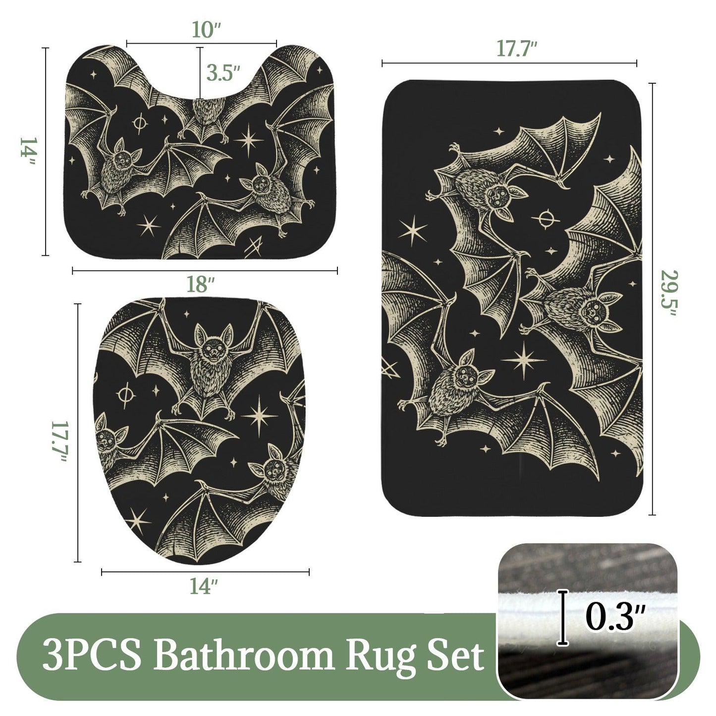 Celestial Bat Bathroom Rug Set, Gothic Halloween 3-Piece Bath Mat