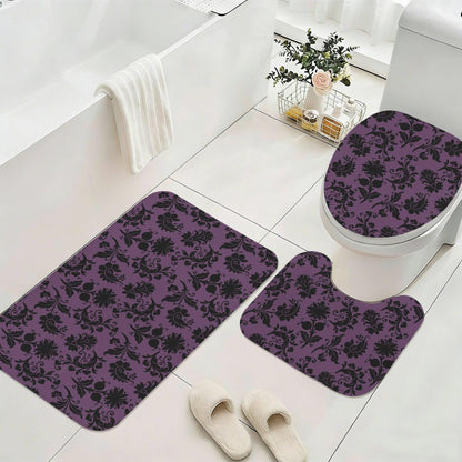 Purple Damask Bathroom Rug Set, Gothic Floral 3-Piece Bath Mat, Moody Victorian Decor