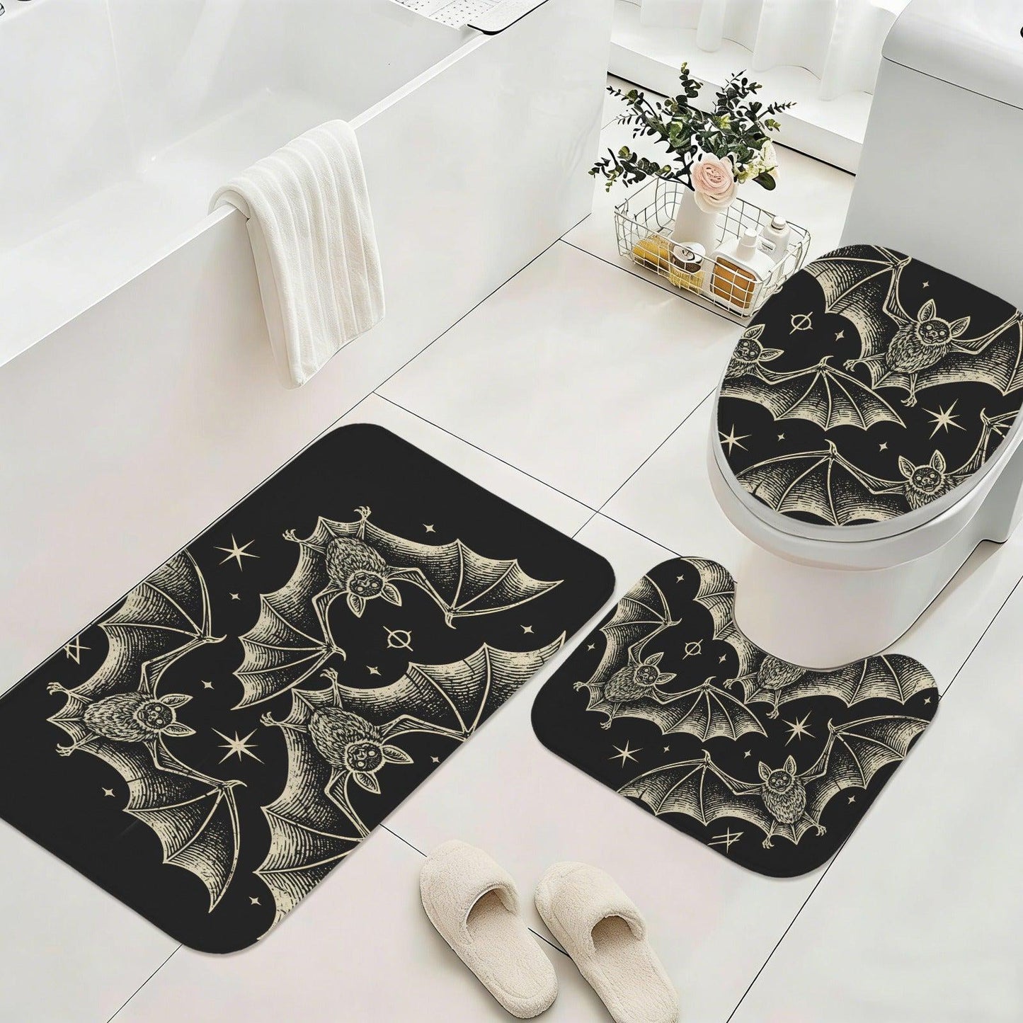 Celestial Bat Bathroom Rug Set, Gothic Halloween 3-Piece Bath Mat