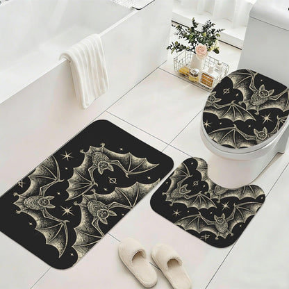 Celestial Bat Bathroom Rug Set, Gothic Halloween 3-Piece Bath Mat