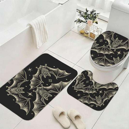 Celestial Bat Bathroom Rug Set, Gothic Halloween 3-Piece Bath Mat