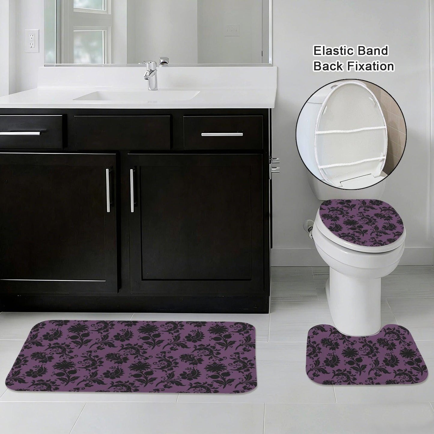 Purple Damask Bathroom Rug Set, Gothic Floral 3-Piece Bath Mat, Moody Victorian Decor