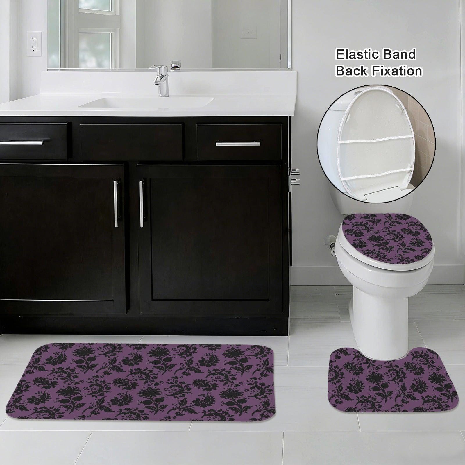 Purple Damask Bathroom Rug Set, Gothic Floral 3-Piece Bath Mat, Moody Victorian Decor